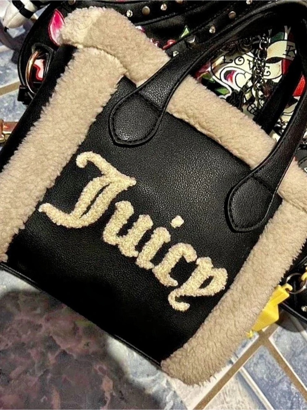 Juicy Couture Lovely Day Sherpa Mini Tote Black & Cream Tote Bag Like New